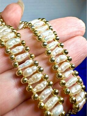 Vintage Yellow Gold and Freshwater Oblong Rice Pearl Bead Design Bracelet 8.5”